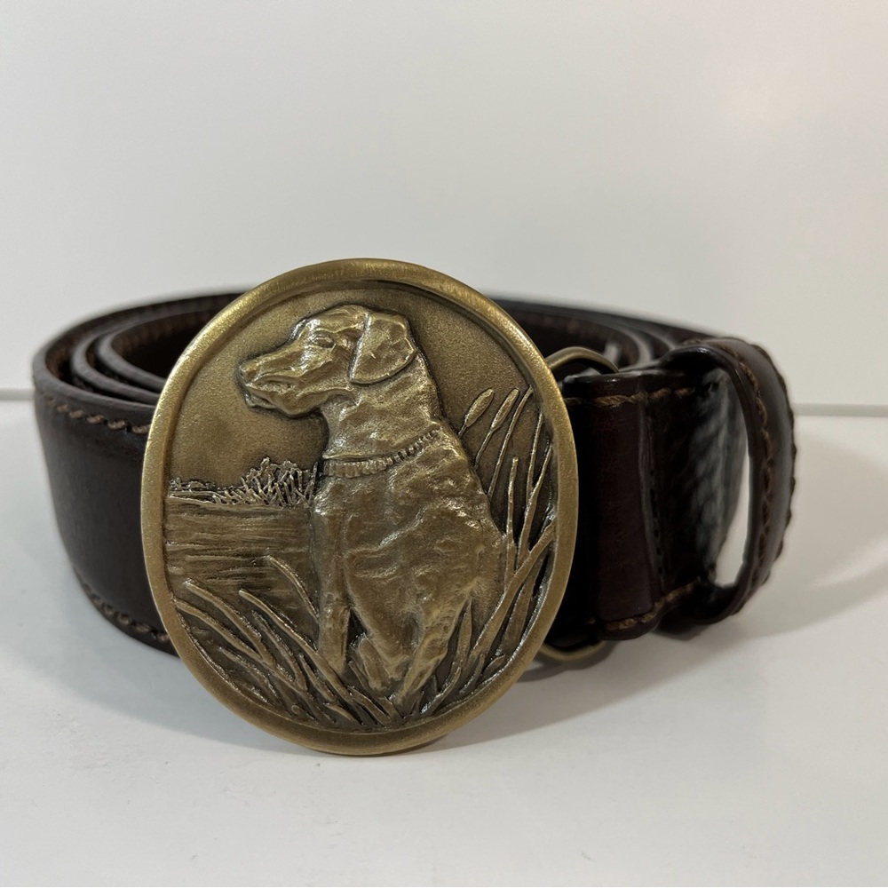 Orvis Men’s Brown Leather Belt Size 44 with Indiana Metal Craft Labrador Buckle